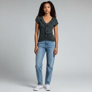 NWOT Candie’s Solid Green V Neck Short Sleeve Size Scrunched stretchy Blouse L